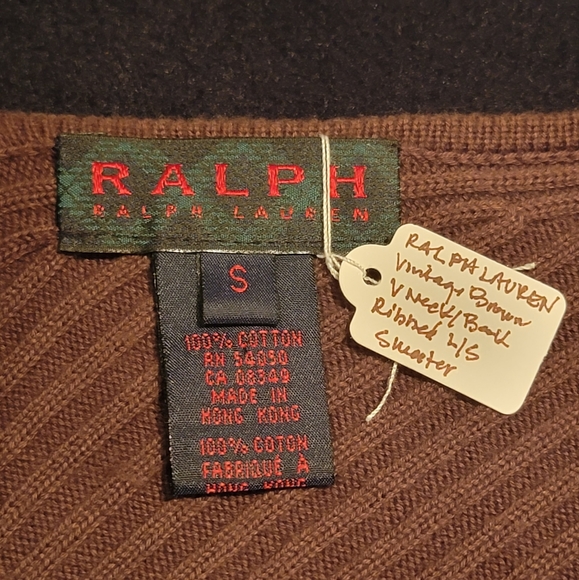 RALPH LAUREN ♡ Gorgeous Vintage Brown V Neck 'n Back Wide Ribbed Knit Sweater S - Picture 15 of 15